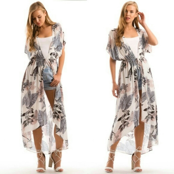 Tops - LAST 1! Leaf print maxi kimono cover-up